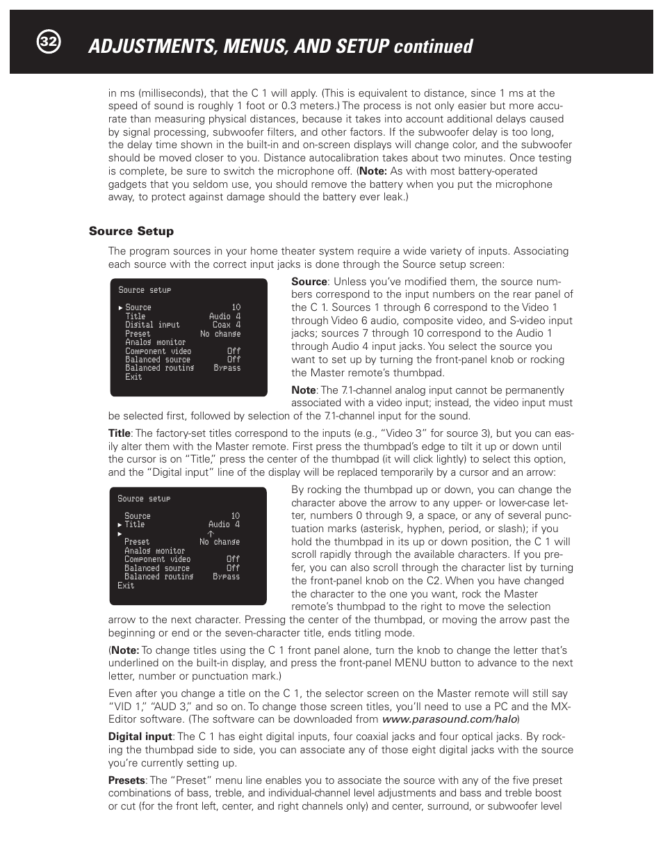 Adjustments, menus, and setup continued | Parasound Halo C1 Controller User Manual | Page 32 / 68