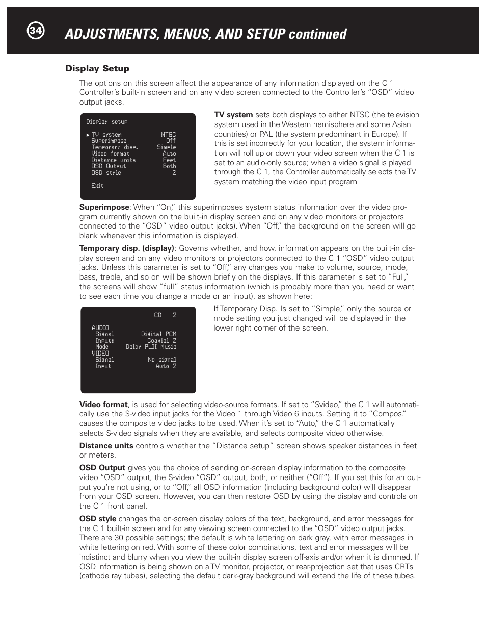 Adjustments, menus, and setup continued | Parasound Halo C1 Controller User Manual | Page 34 / 68