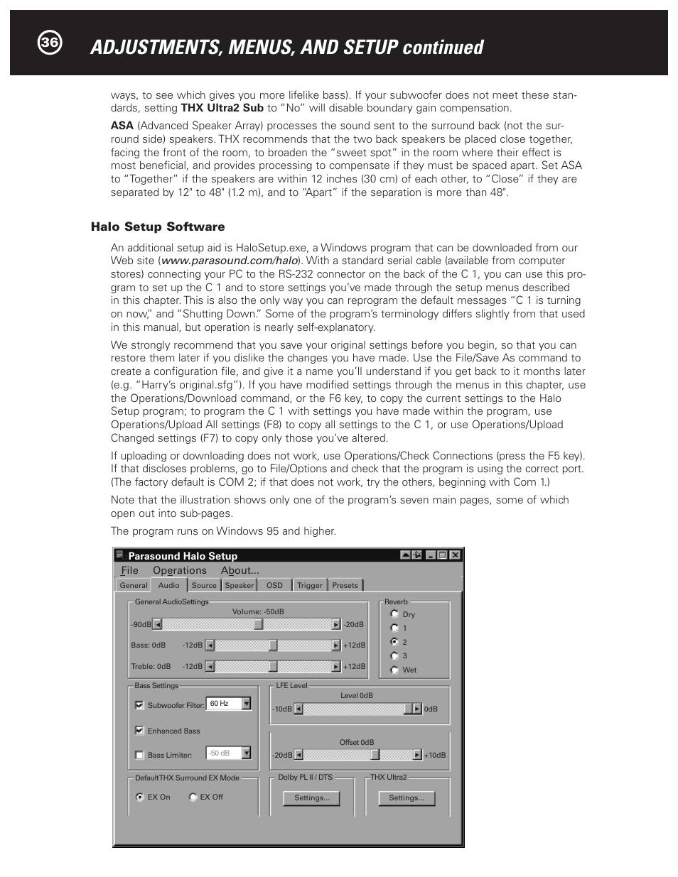 Adjustments, menus, and setup continued, Halo setup software | Parasound Halo C1 Controller User Manual | Page 36 / 68