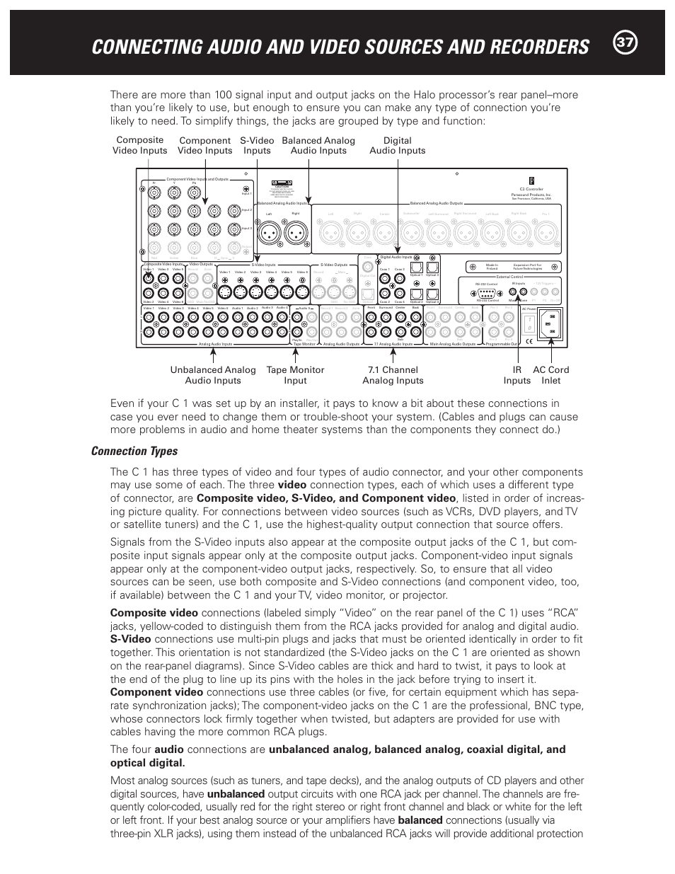 Connecting audio and video sources and recorders, Connection types | Parasound Halo C1 Controller User Manual | Page 37 / 68