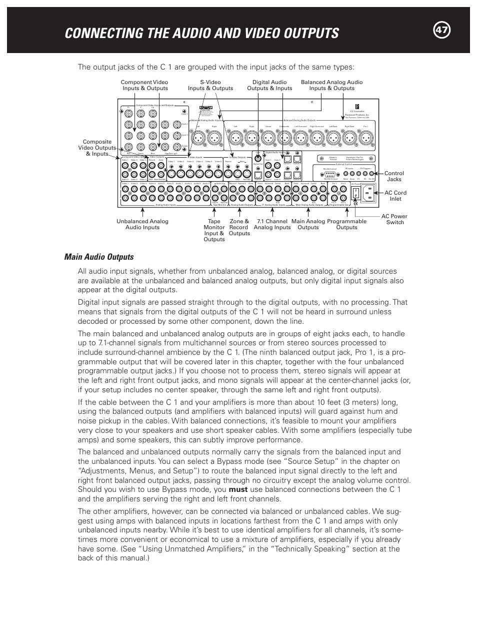 Connecting the audio and video outputs, Main audio outputs | Parasound Halo C1 Controller User Manual | Page 47 / 68