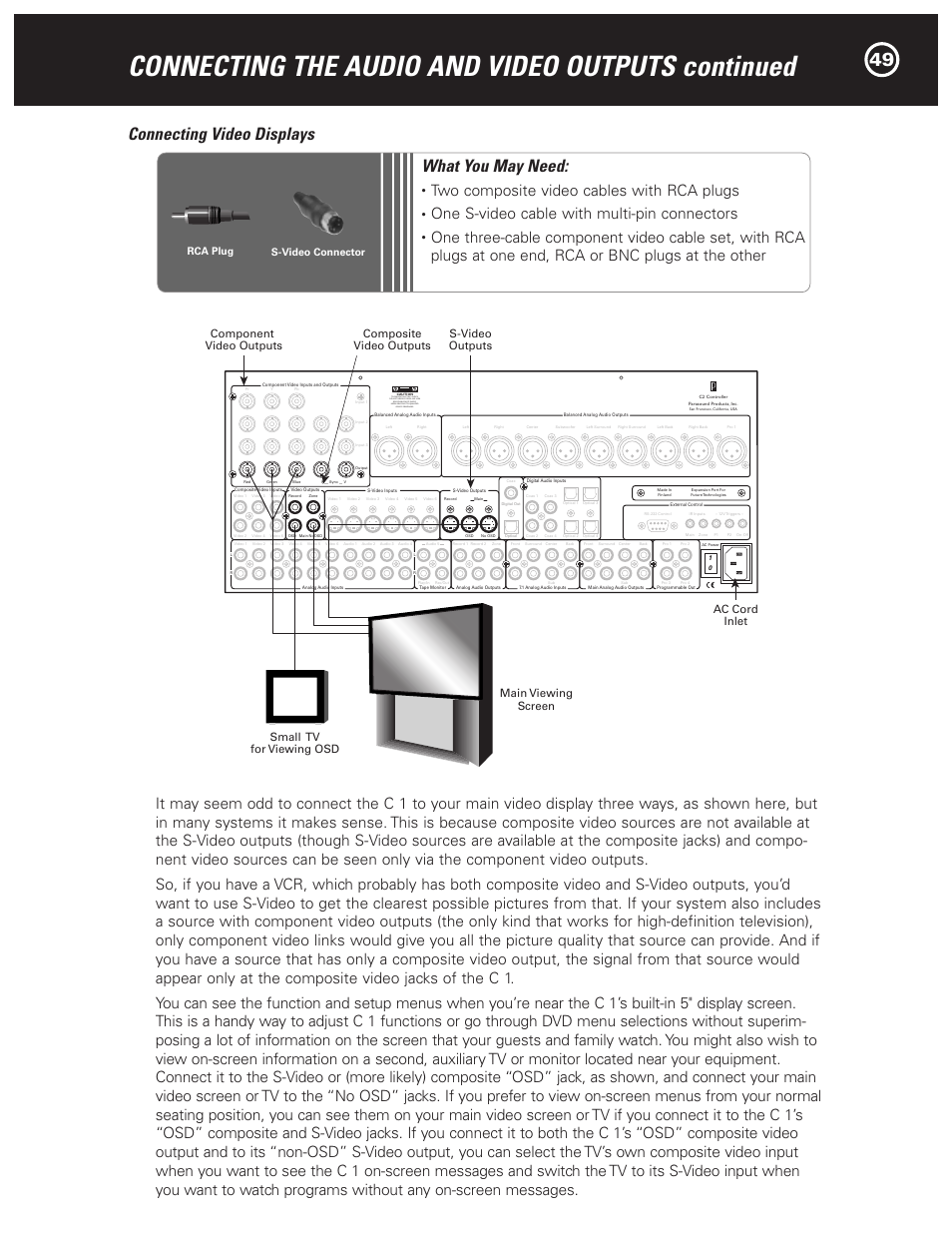 Connecting the audio and video outputs continued, Connecting video displays, What you may need | Two composite video cables with rca plugs, One s-video cable with multi-pin connectors, Rca plug s-video connector | Parasound Halo C1 Controller User Manual | Page 49 / 68