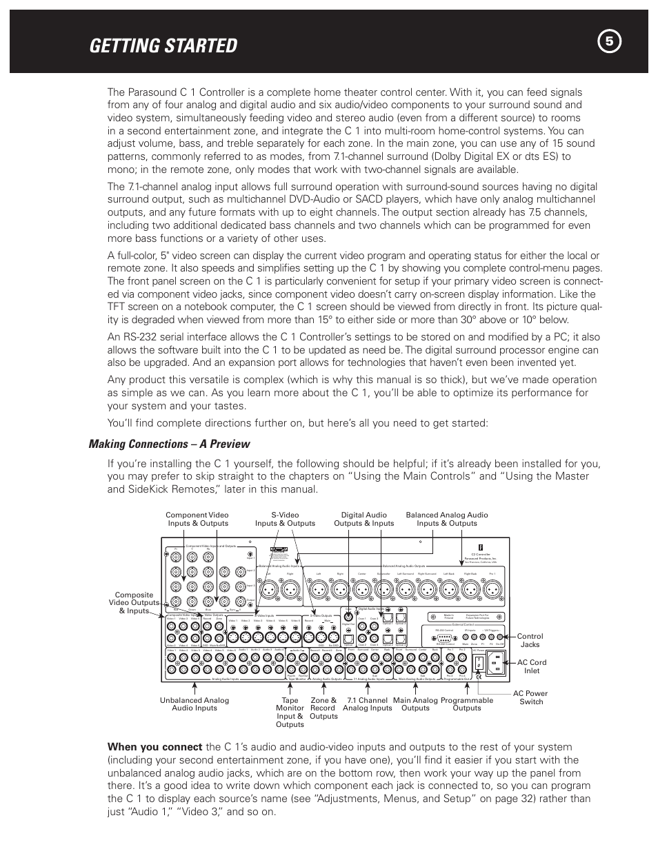 Getting started, Making connections – a preview | Parasound Halo C1 Controller User Manual | Page 5 / 68