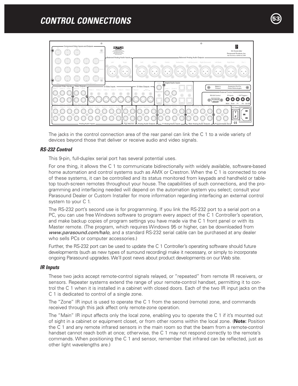 Control connections, Rs-232 control, Ir inputs | Parasound Halo C1 Controller User Manual | Page 53 / 68