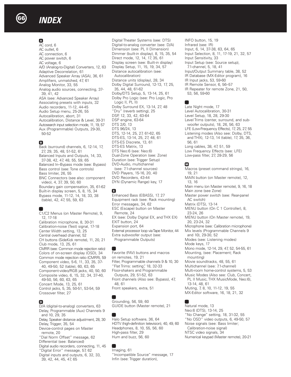 Index | Parasound Halo C1 Controller User Manual | Page 66 / 68