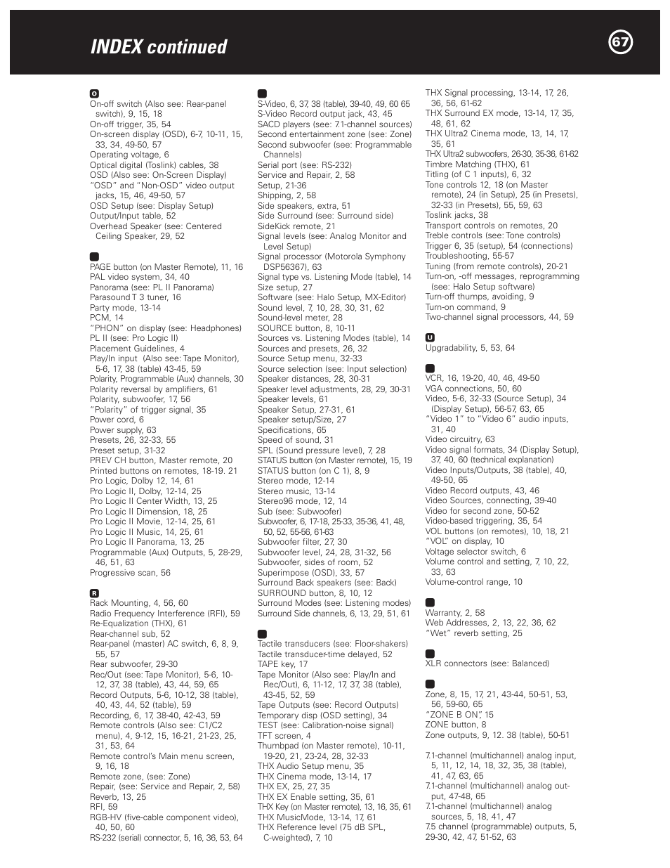 Index continued | Parasound Halo C1 Controller User Manual | Page 67 / 68