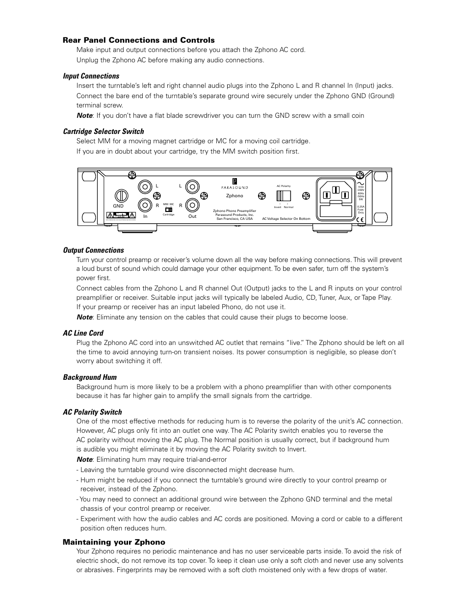 Rear panel connections and controls, Input connections, Cartridge selector switch | Output connections, Ac line cord, Background hum, Ac polarity switch, Maintaining your zphono | Parasound Z Series User Manual | Page 4 / 6