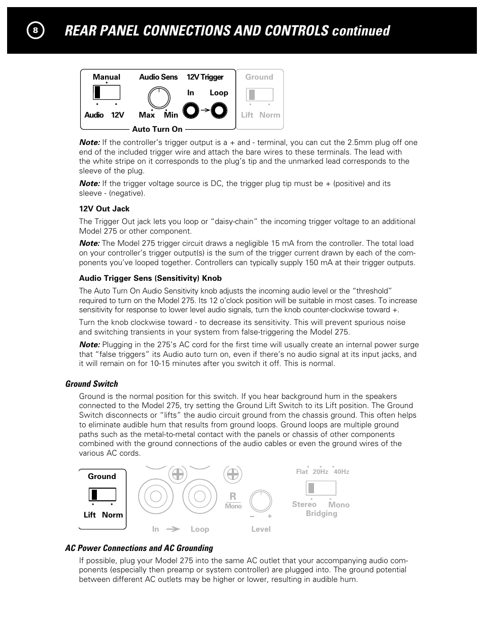 Rear panel connections and controls continued | Parasound 275 User Manual | Page 10 / 16
