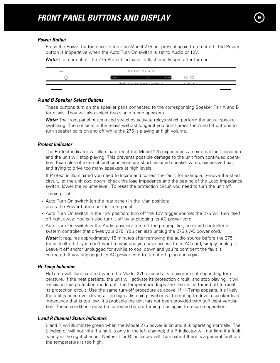 Front panel buttons and display, Power button, A and b speaker select buttons | Protect indicator, Hi-temp indicator, L and r channel status indicators | Parasound 275 User Manual | Page 11 / 16