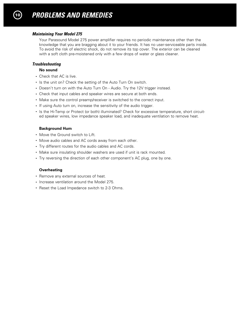 Problems and remedies, Maintaining your model 275, Troubleshooting | Parasound 275 User Manual | Page 12 / 16
