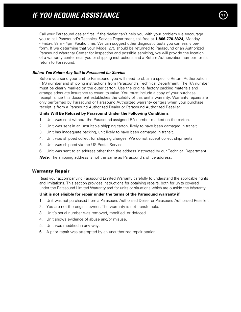 If you require assistance | Parasound 275 User Manual | Page 13 / 16
