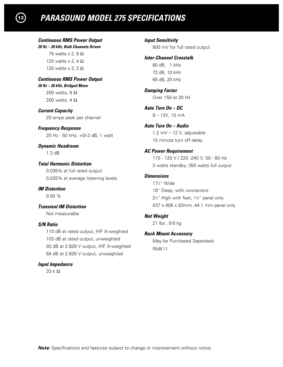 Parasound model 275 specifications | Parasound 275 User Manual | Page 14 / 16