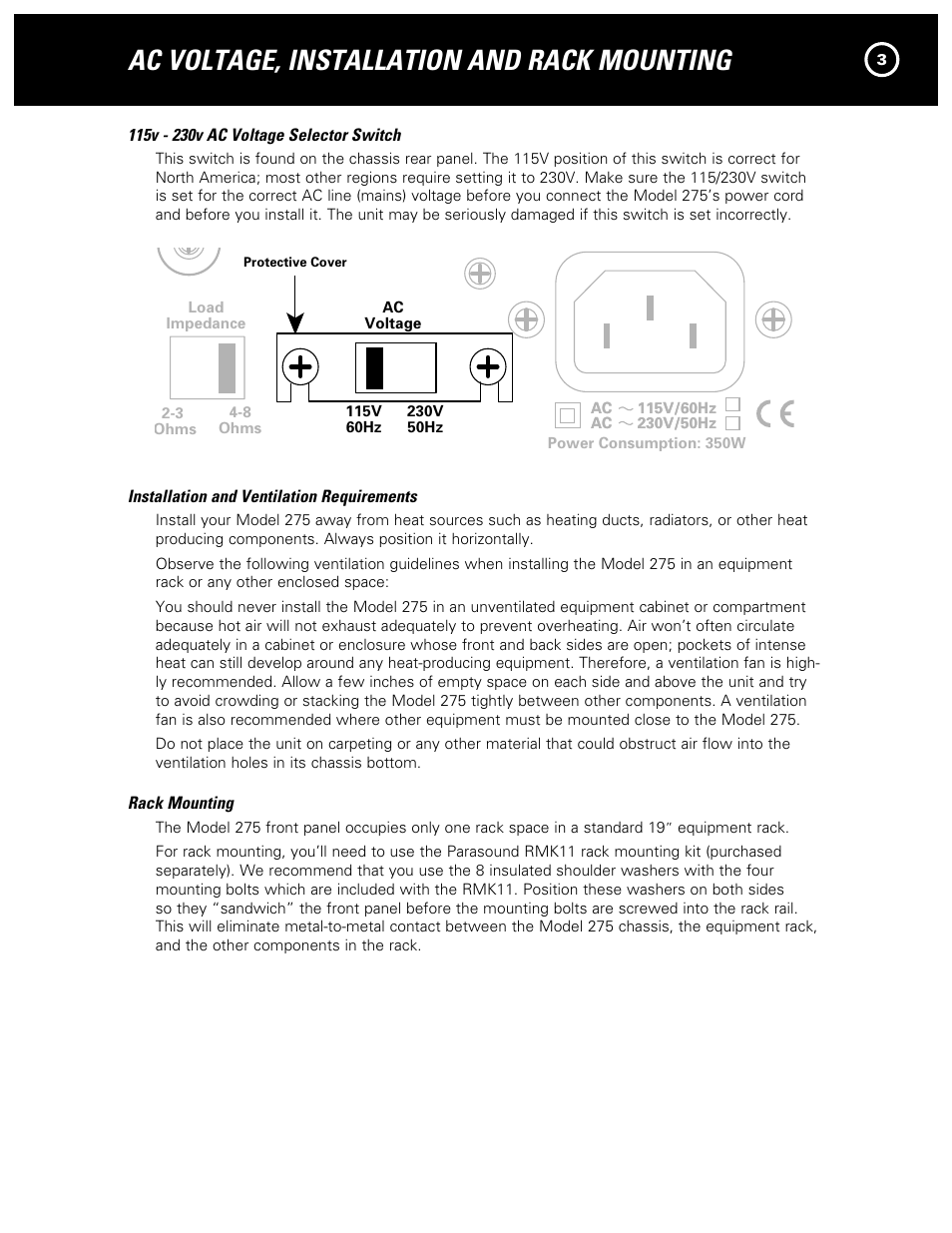 Ac voltage, installation and rack mounting | Parasound 275 User Manual | Page 5 / 16