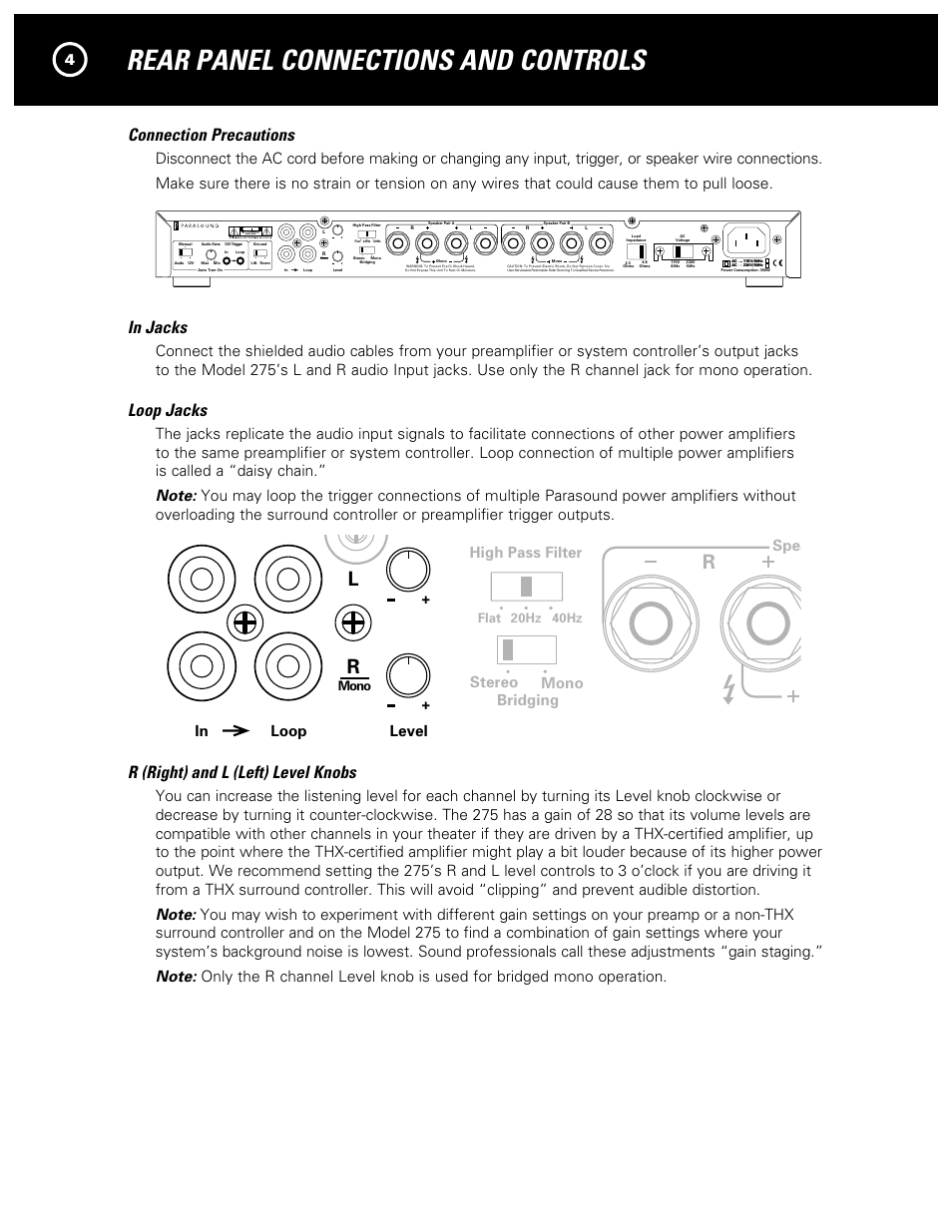 Rear panel connections and controls, Connection precautions, Loop jacks | R (right) and l (left) level knobs, High pass filter speaker pair b, Mono | Parasound 275 User Manual | Page 6 / 16
