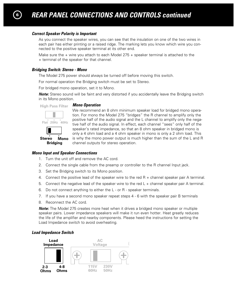Rear panel connections and controls continued | Parasound 275 User Manual | Page 8 / 16