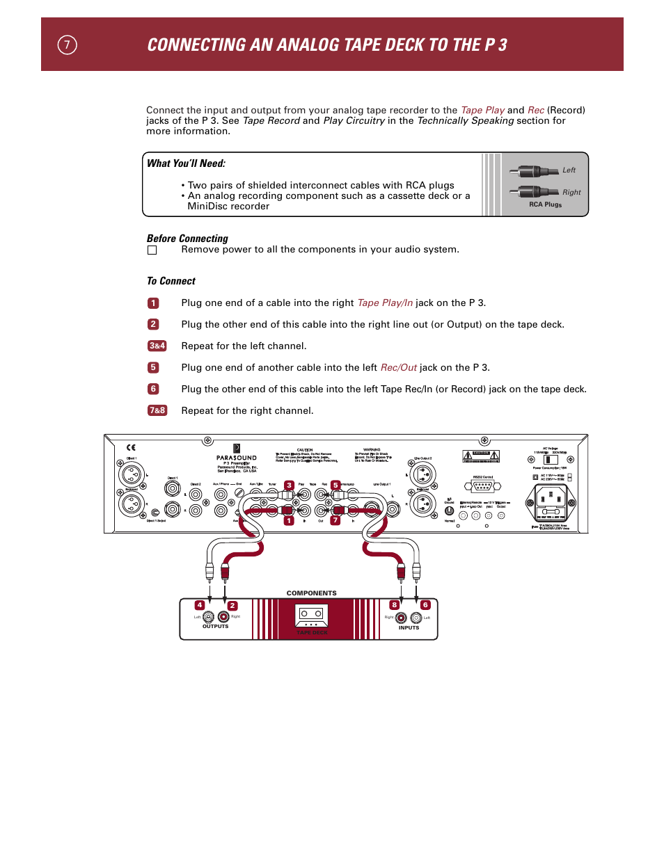 Connecting an analog tape deck to the p 3, What you’ll need, Before connecting | Parasound P 3 User Manual | Page 10 / 28