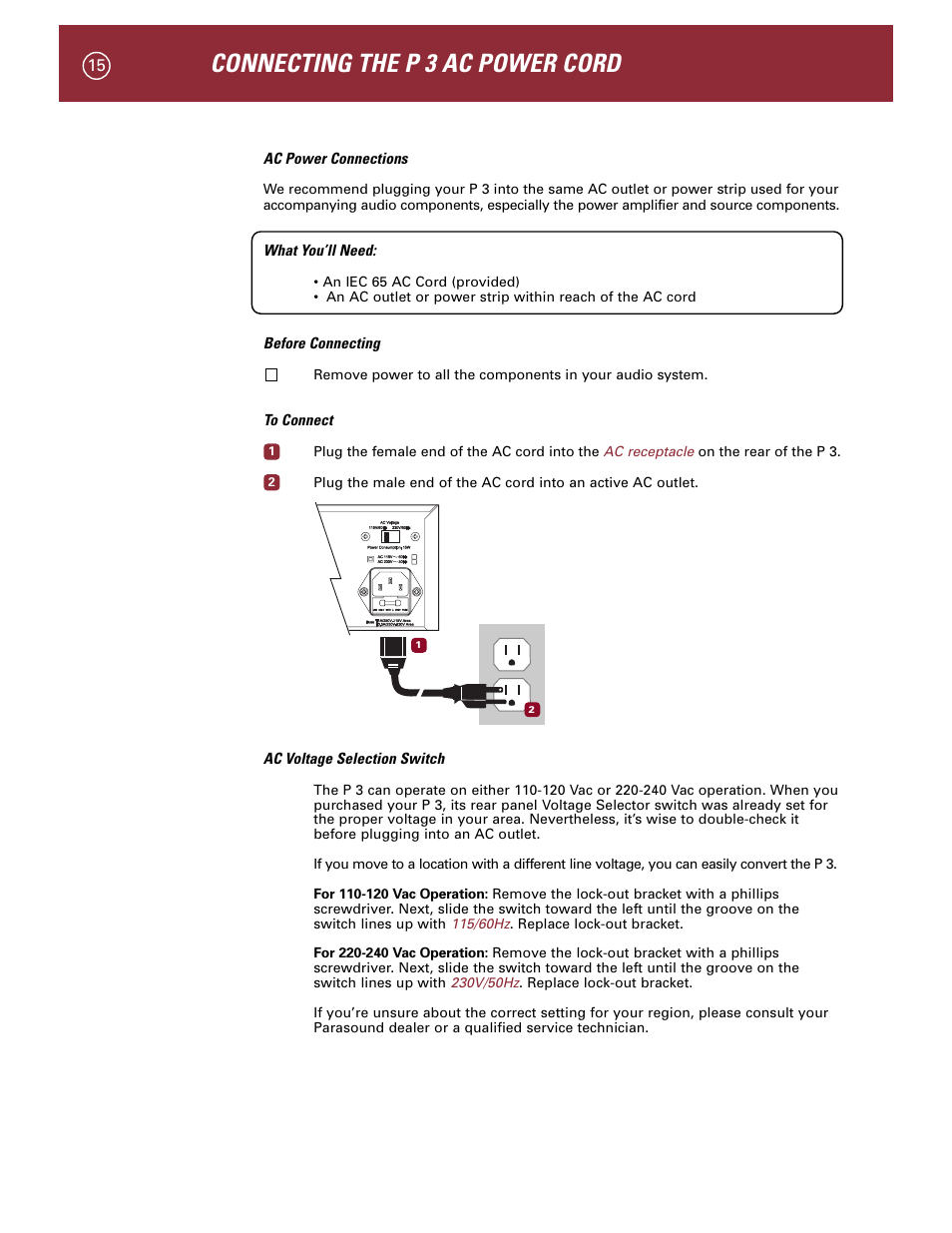 Connecting the p 3 ac power cord | Parasound P 3 User Manual | Page 18 / 28