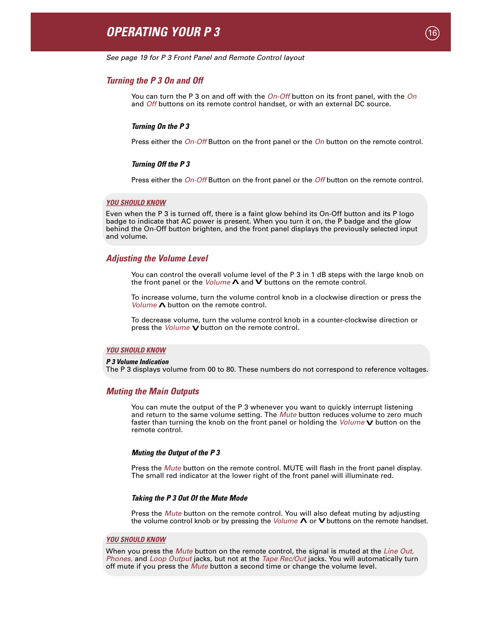 Operating your p 3, Turning the p 3 on and off, Adjusting the volume level | Muting the main outputs | Parasound P 3 User Manual | Page 19 / 28