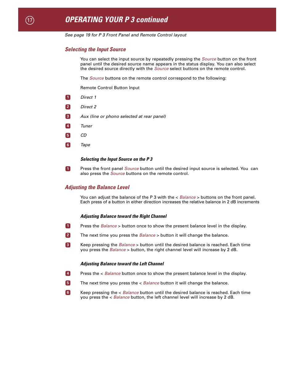 Operating your p 3 continued, Selecting the input source, Adjusting the balance level | Parasound P 3 User Manual | Page 20 / 28