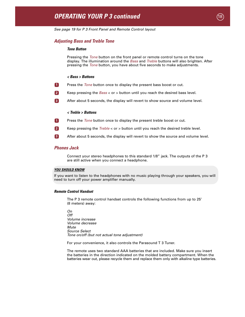 Operating your p 3 continued, Adjusting bass and treble tone, Phones jack | Parasound P 3 User Manual | Page 21 / 28