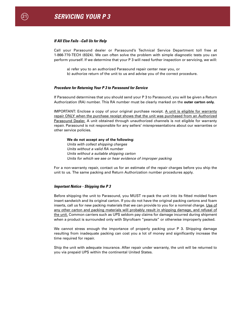 Servicing your p 3 | Parasound P 3 User Manual | Page 24 / 28