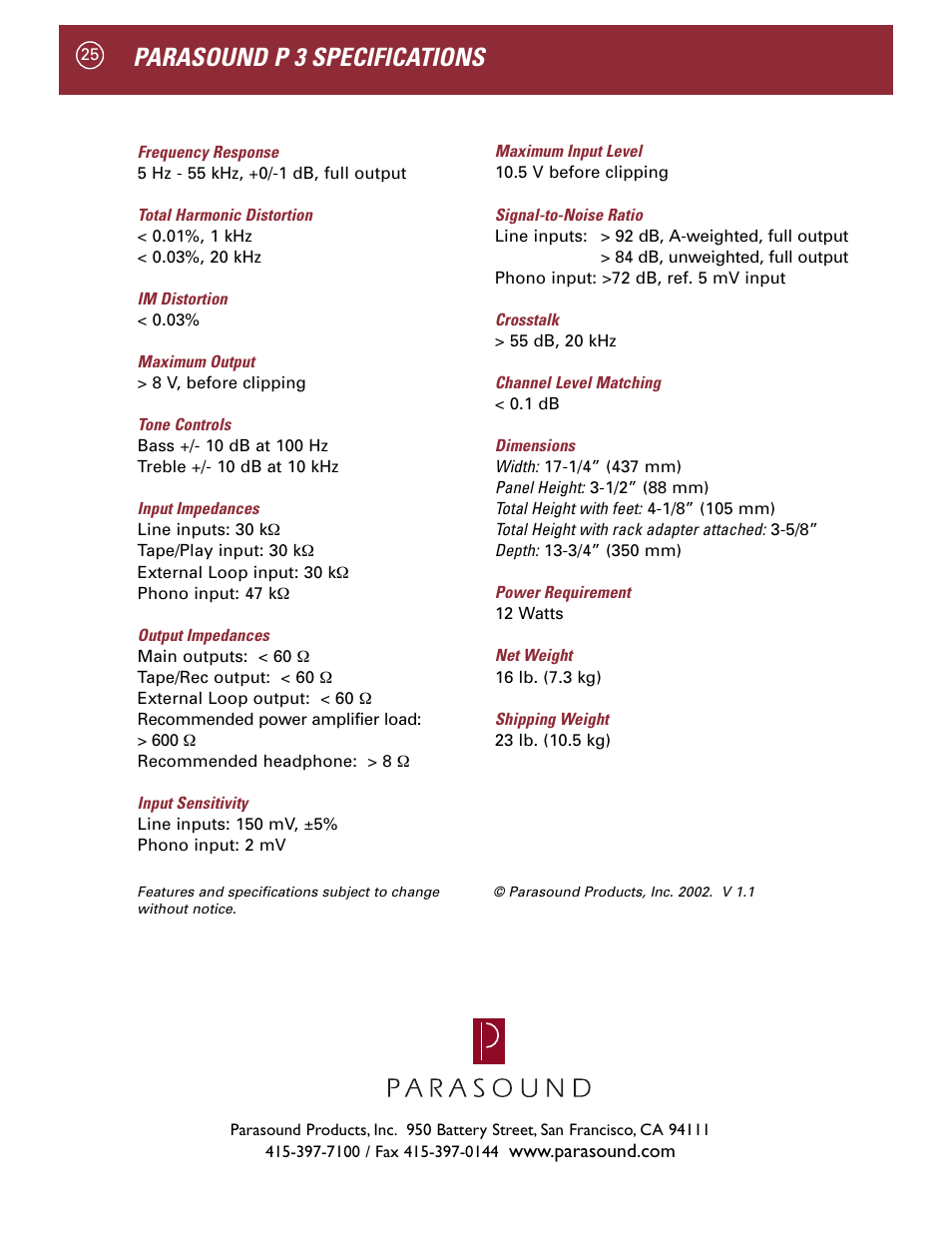 Parasound p 3 specifications | Parasound P 3 User Manual | Page 28 / 28