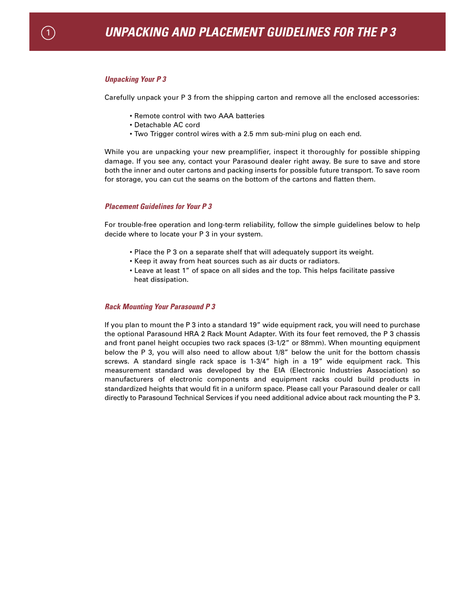 Unpacking and placement guidelines for the p 3 | Parasound P 3 User Manual | Page 4 / 28