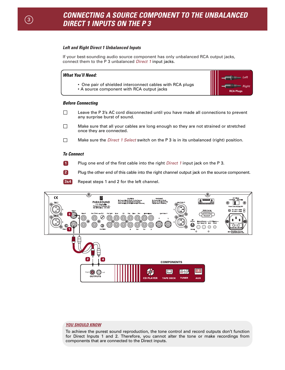 Left and right direct 1 unbalanced inputs, What you’ll need, Before connecting | Parasound P 3 User Manual | Page 6 / 28