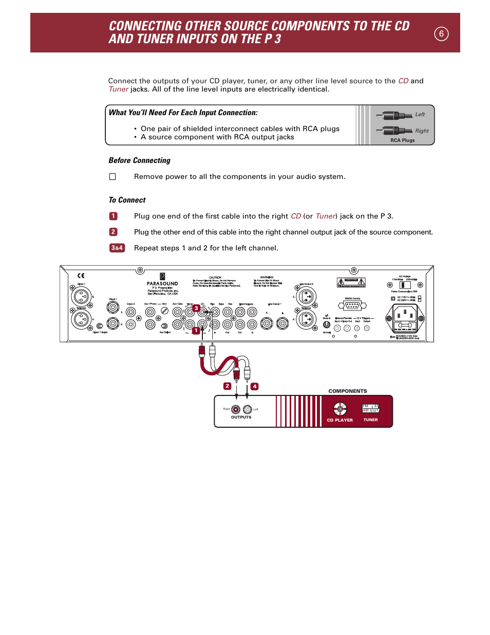 What you’ll need for each input connection, Before connecting | Parasound P 3 User Manual | Page 9 / 28