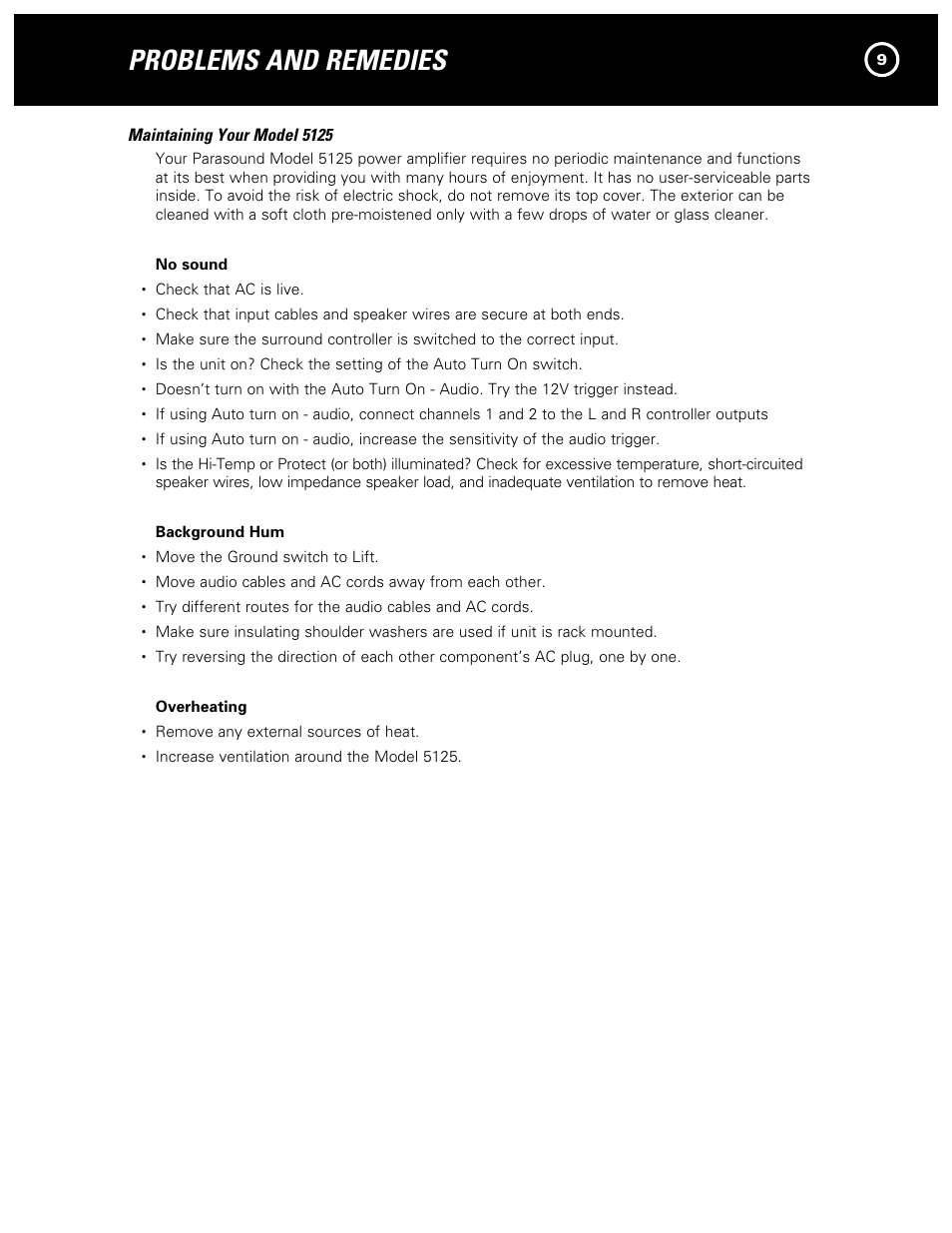Problems and remedies, Maintaining your model 5125 | Parasound NewClassic Model 5125 User Manual | Page 11 / 16
