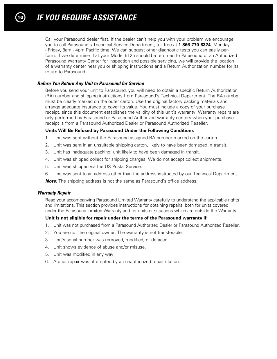 If you require assistance | Parasound NewClassic Model 5125 User Manual | Page 12 / 16