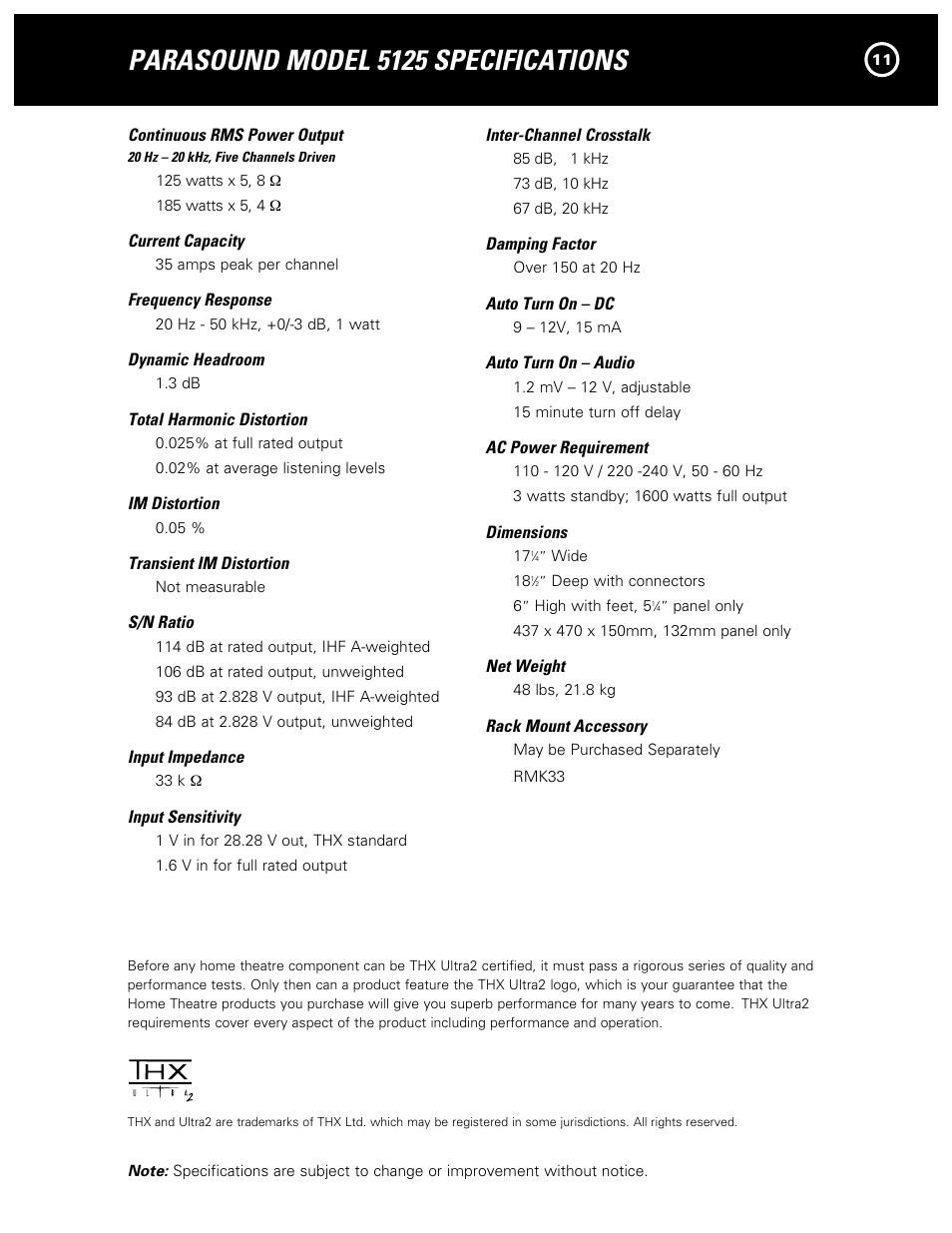 Parasound model 5125 specifications | Parasound NewClassic Model 5125 User Manual | Page 13 / 16