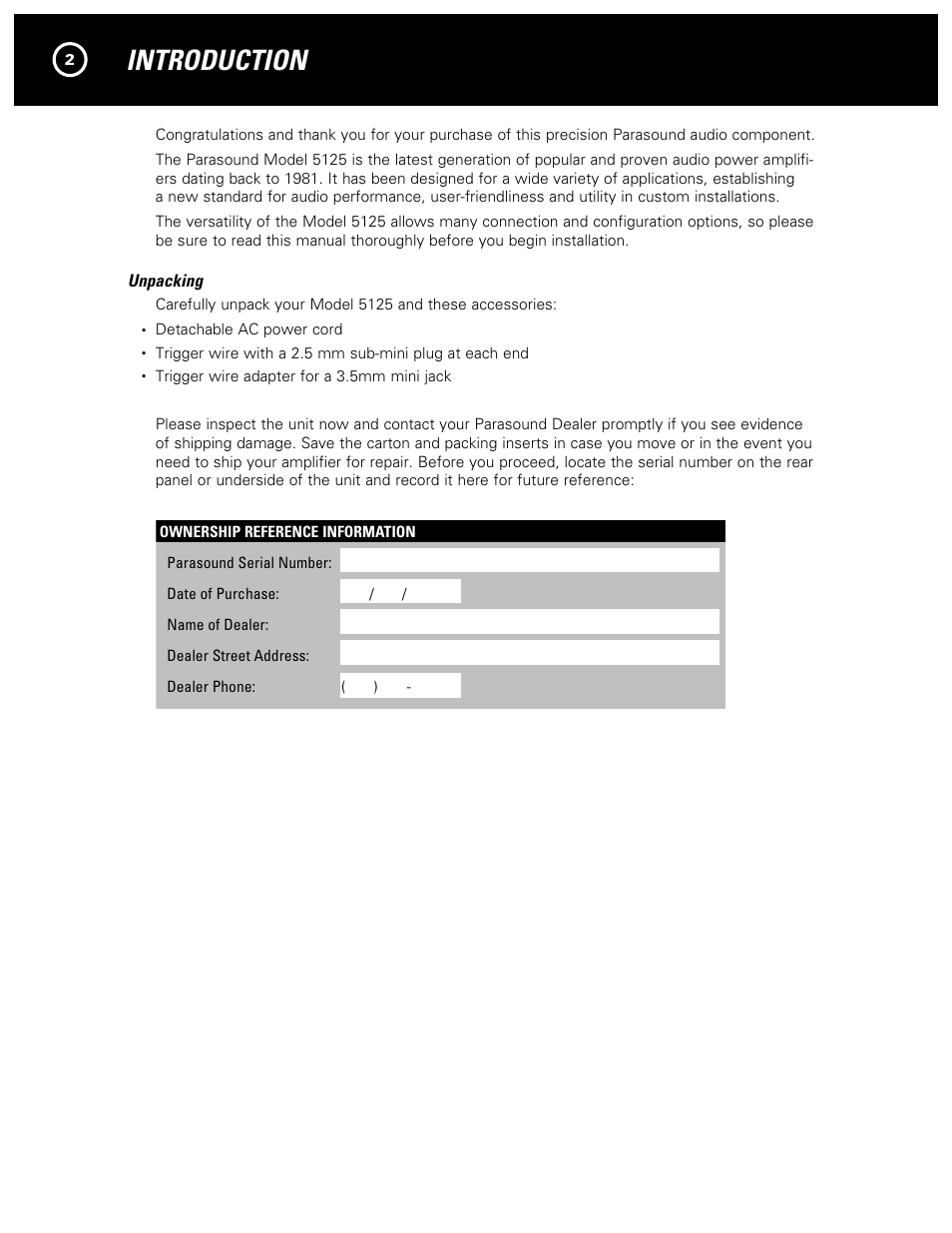 Introduction | Parasound NewClassic Model 5125 User Manual | Page 4 / 16