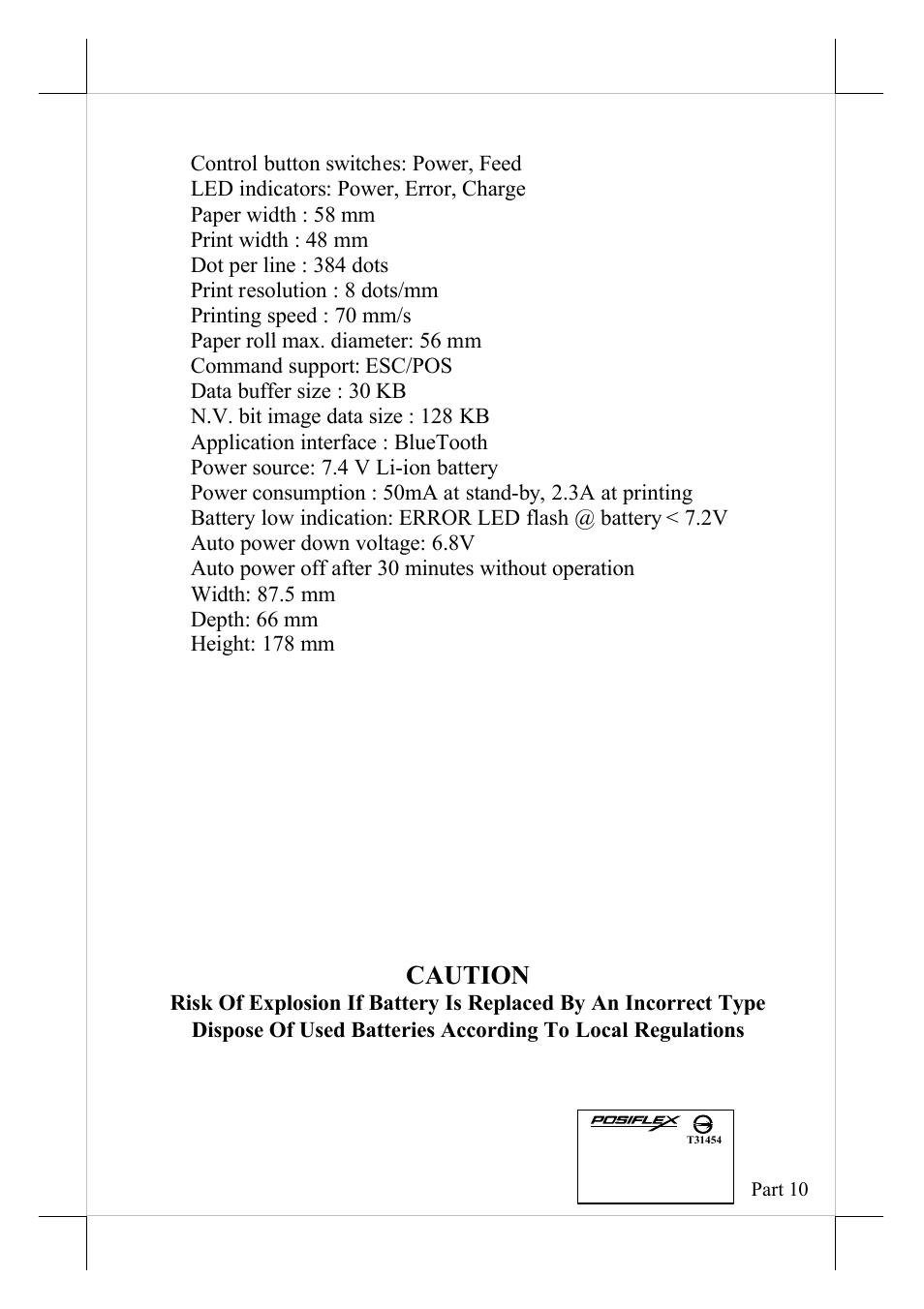 Specifications, Caution | POSIFLEX Business Machines MP-300 User Manual | Page 10 / 10