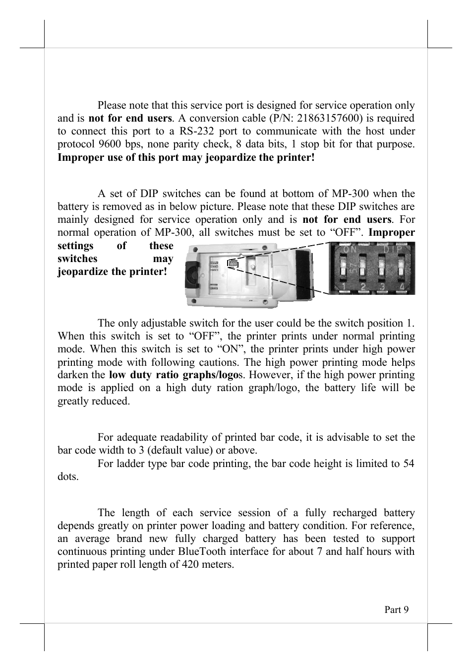 Technical issues, Service port, Dip switches | Bar code printing, Battery power | POSIFLEX Business Machines MP-300 User Manual | Page 9 / 10