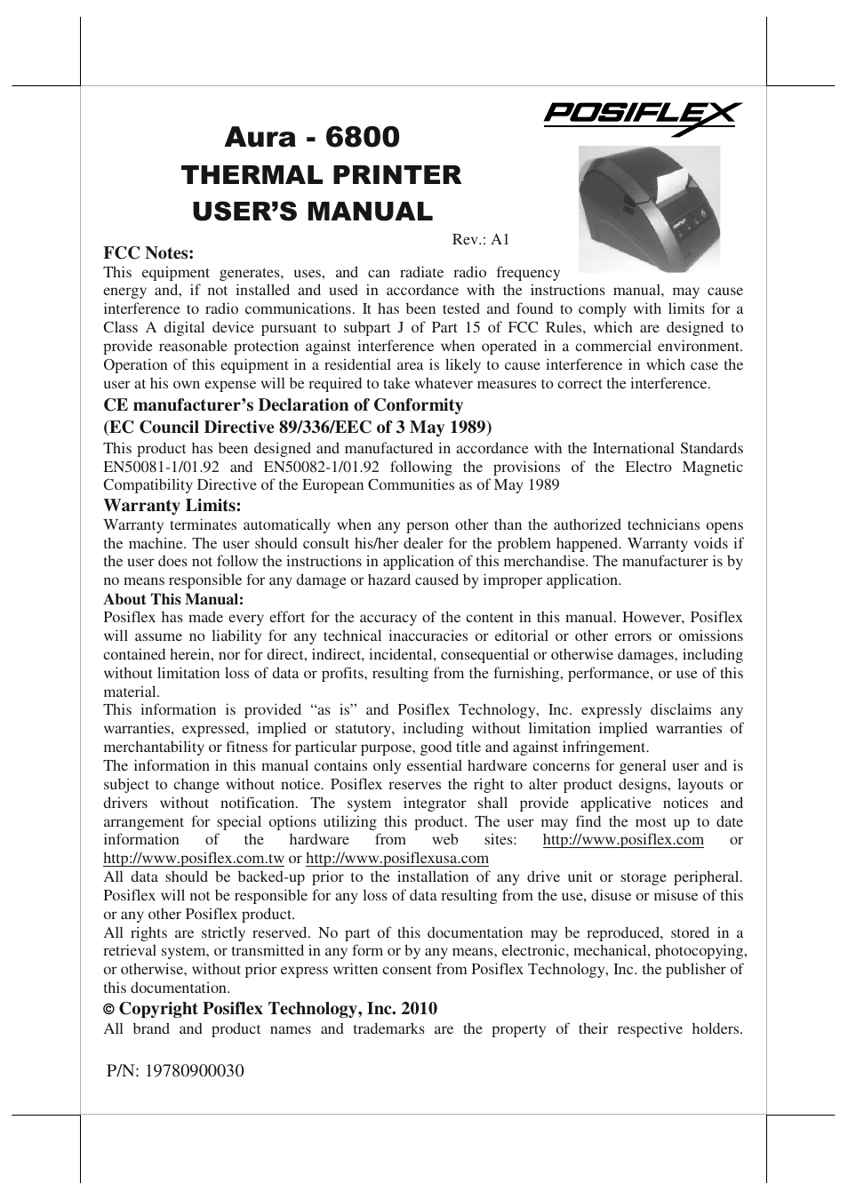 POSIFLEX Business Machines AURA 6800 User Manual | 20 pages