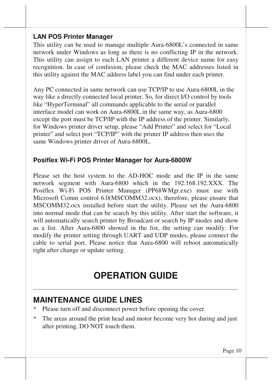 Operation guide, Maintenance guide lines | POSIFLEX Business Machines AURA 6800 User Manual | Page 10 / 20