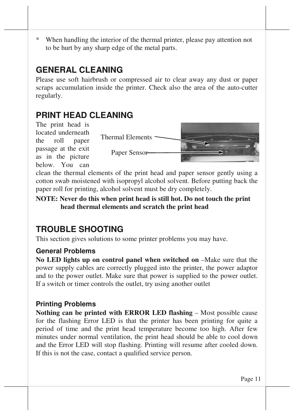 General cleaning, Print head cleaning, Trouble shooting | POSIFLEX Business Machines AURA 6800 User Manual | Page 11 / 20