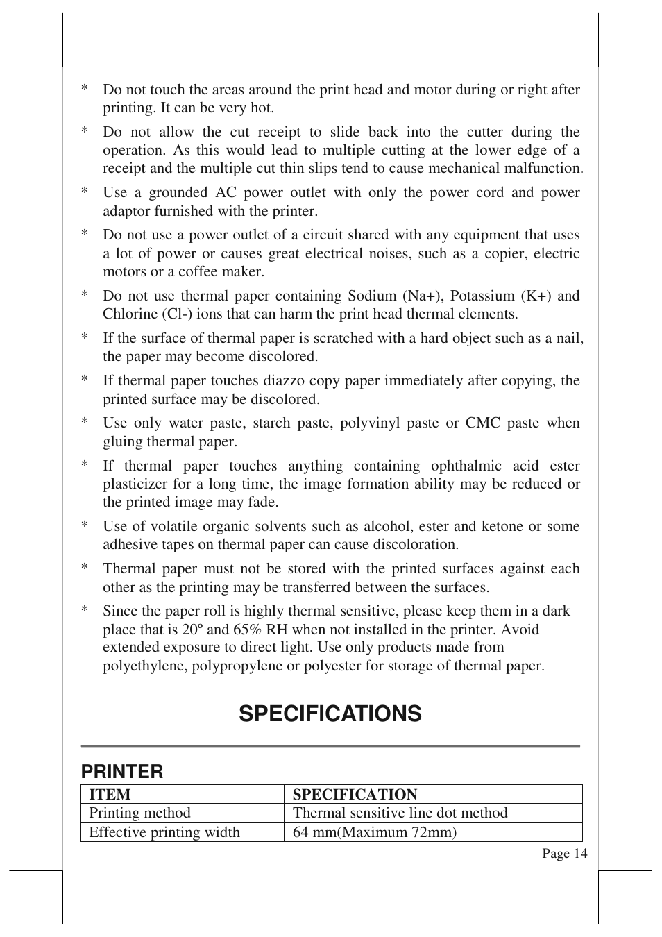 Specifications, Printer | POSIFLEX Business Machines AURA 6800 User Manual | Page 14 / 20