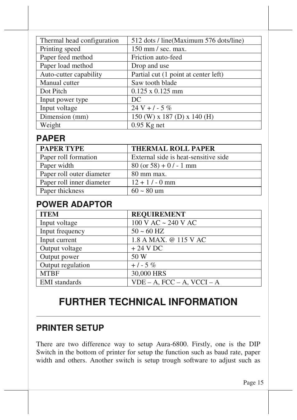 Further technical information, Paper, Power adaptor | Printer setup | POSIFLEX Business Machines AURA 6800 User Manual | Page 15 / 20