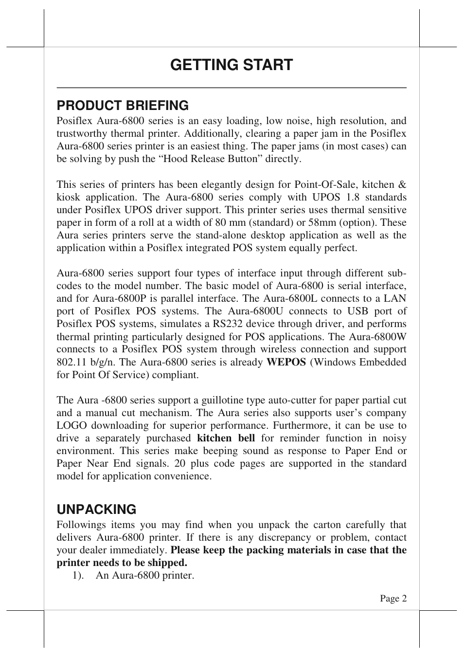 Getting start | POSIFLEX Business Machines AURA 6800 User Manual | Page 2 / 20