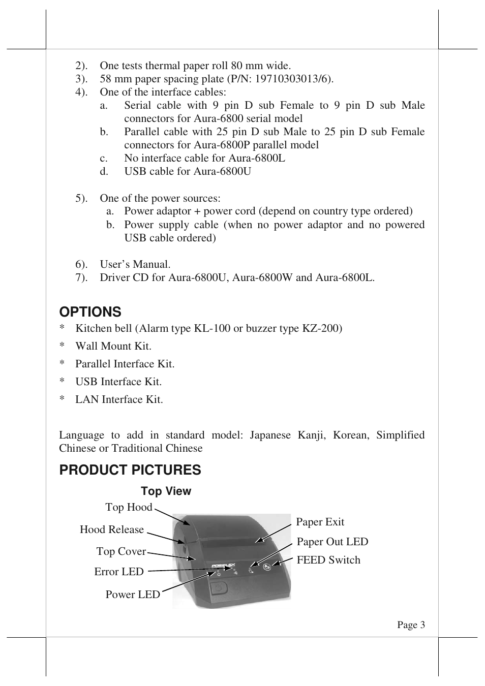 Options, Product pictures | POSIFLEX Business Machines AURA 6800 User Manual | Page 3 / 20