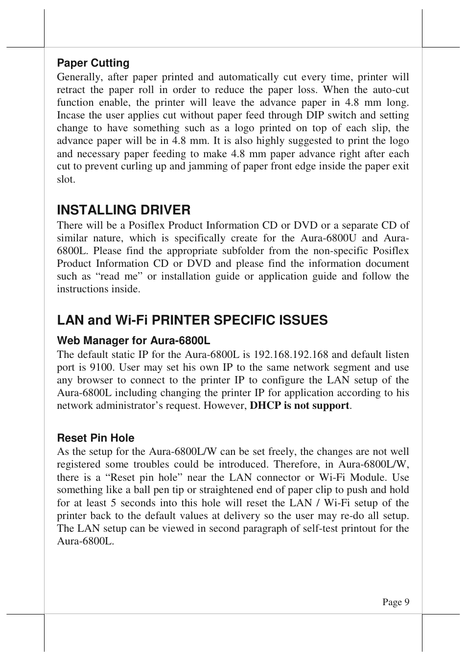 Installing driver, Lan and wi-fi printer specific issues | POSIFLEX Business Machines AURA 6800 User Manual | Page 9 / 20