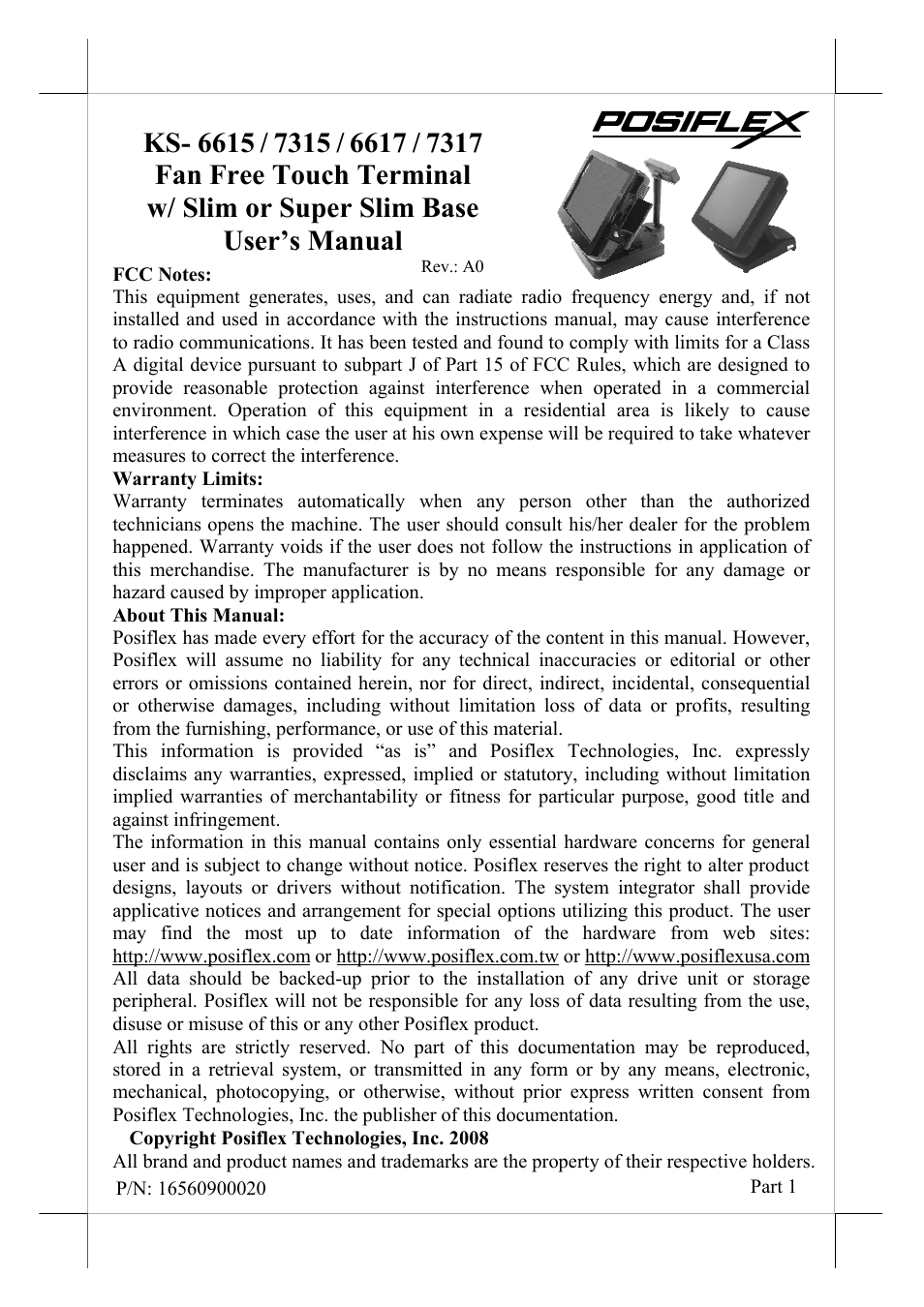 POSIFLEX Business Machines 16560900020 User Manual | 20 pages
