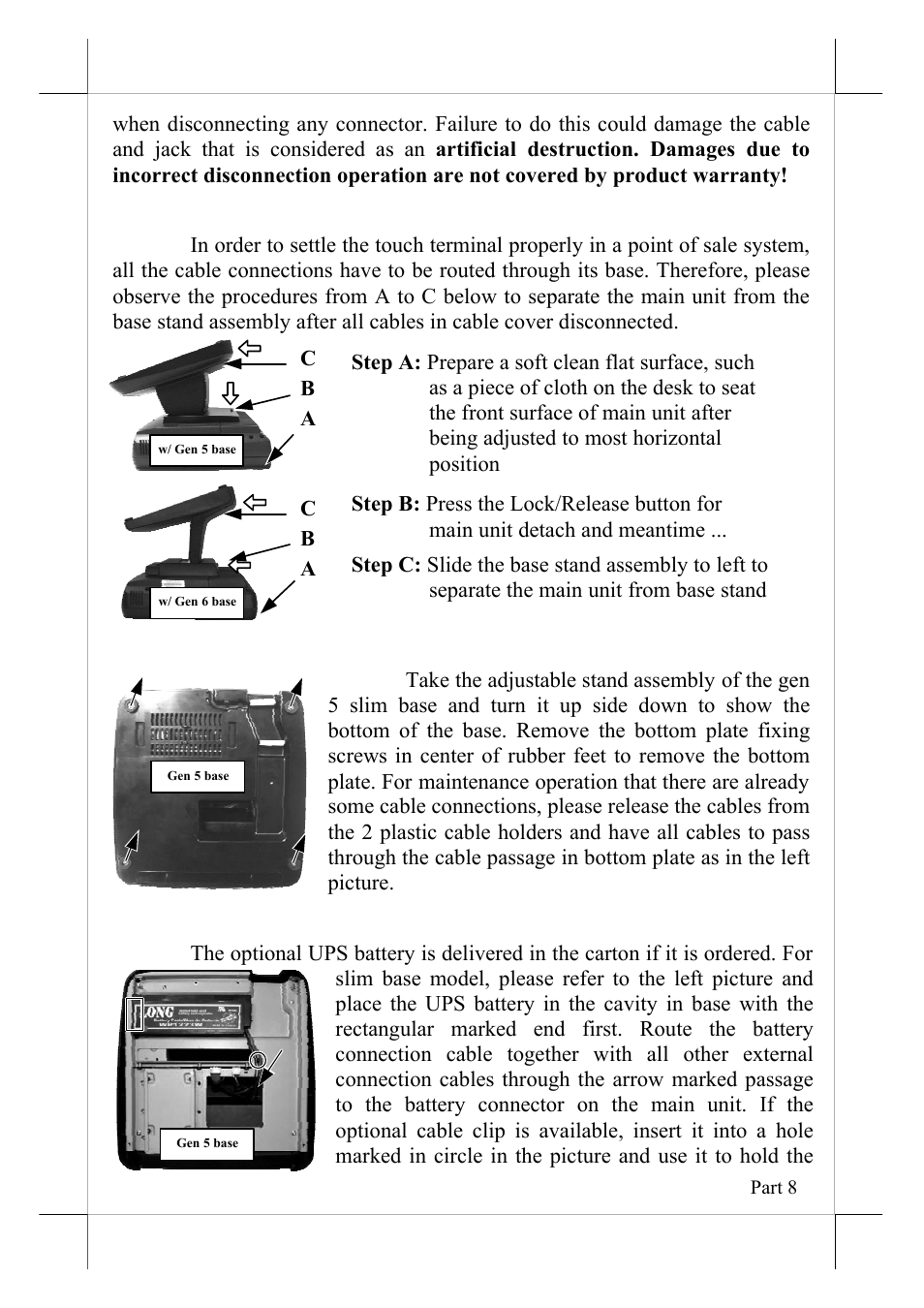 Separating main unit, Opening slim base bottom, Installing ups battery (option) | POSIFLEX Business Machines 16560900020 User Manual | Page 8 / 20