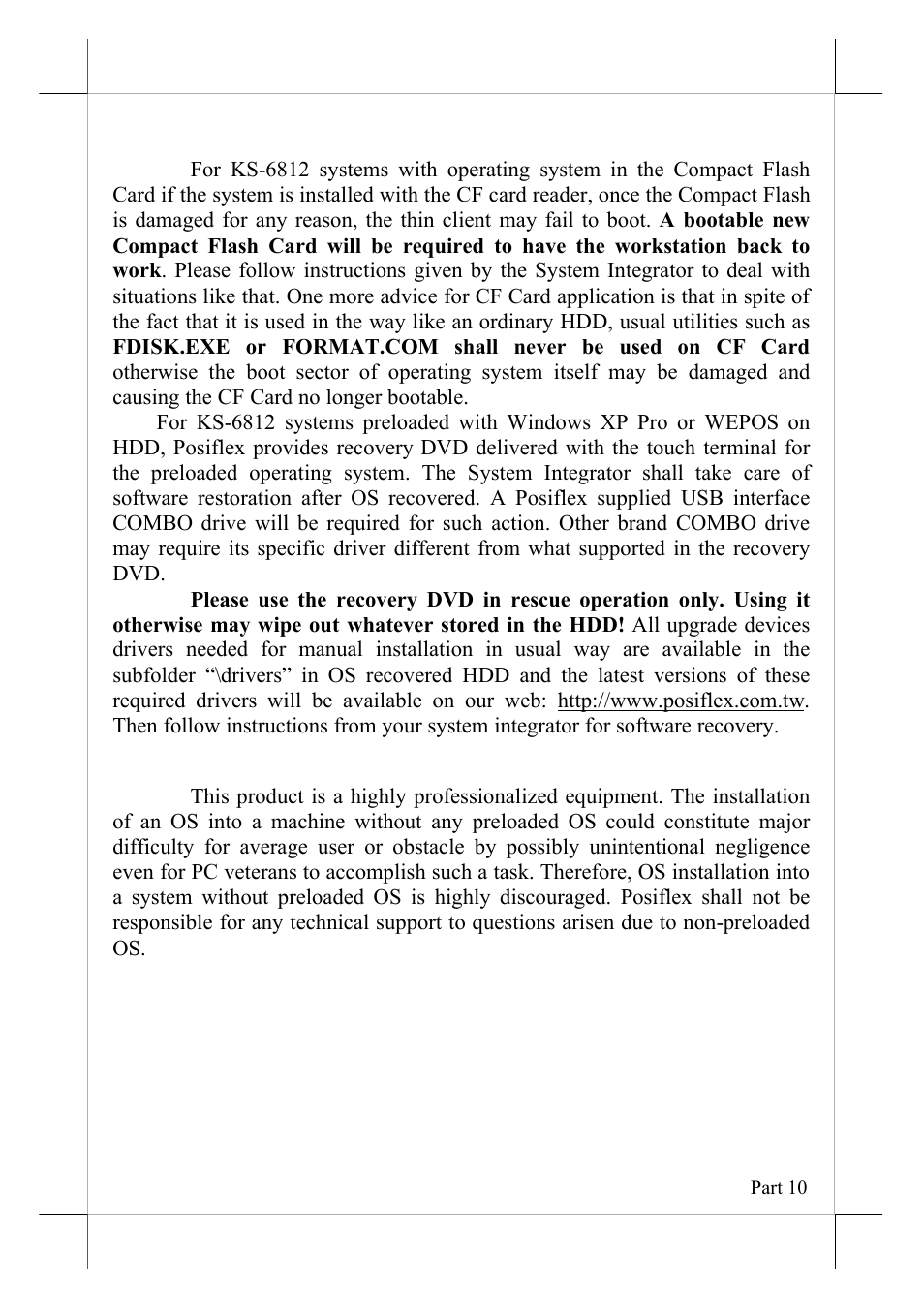 Operating system recovery, Operating system installation | POSIFLEX Business Machines KS-6812 User Manual | Page 10 / 20