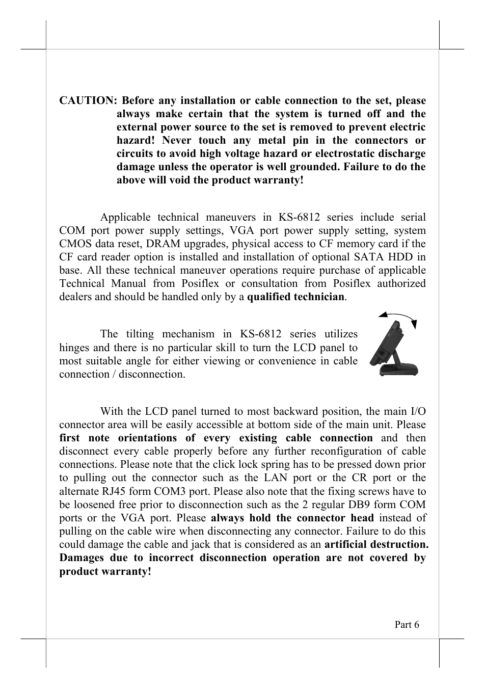 Installation guides, Technical maneuvers, Tilting lcd panel | Disconnecting all cables | POSIFLEX Business Machines KS-6812 User Manual | Page 6 / 20