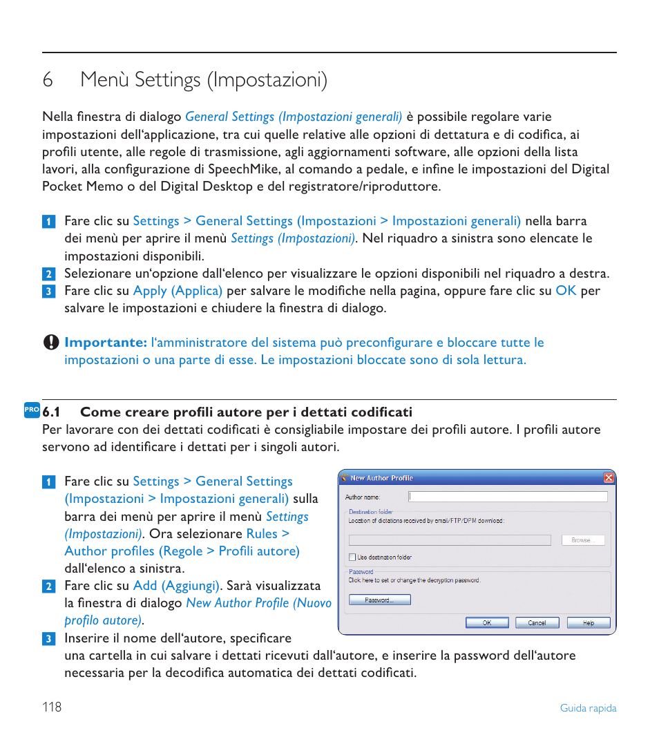 6 menù settings (impostazioni), Menù settings (impostazioni) | POSIFLEX Business Machines SPEECHEXEC 4.3 User Manual | Page 118 / 184