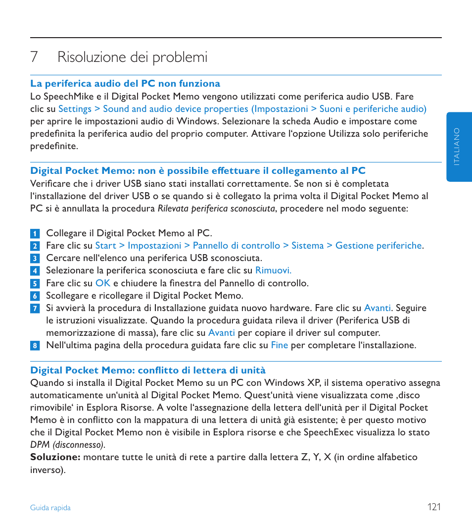 7 risoluzione dei problemi, Risoluzione dei problemi | POSIFLEX Business Machines SPEECHEXEC 4.3 User Manual | Page 121 / 184