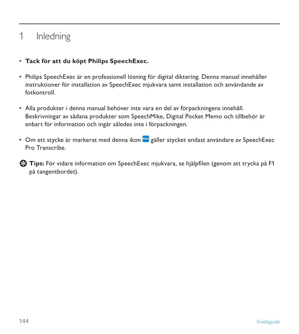 1 inledning, Inledning | POSIFLEX Business Machines SPEECHEXEC 4.3 User Manual | Page 144 / 184